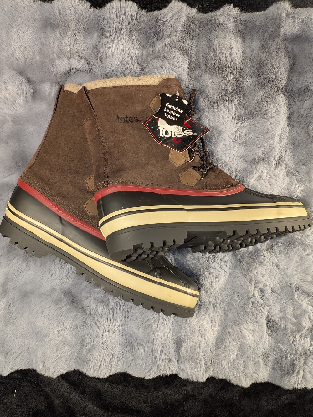 totes Brown Suede Waterproof Winter Boots with Red Trim